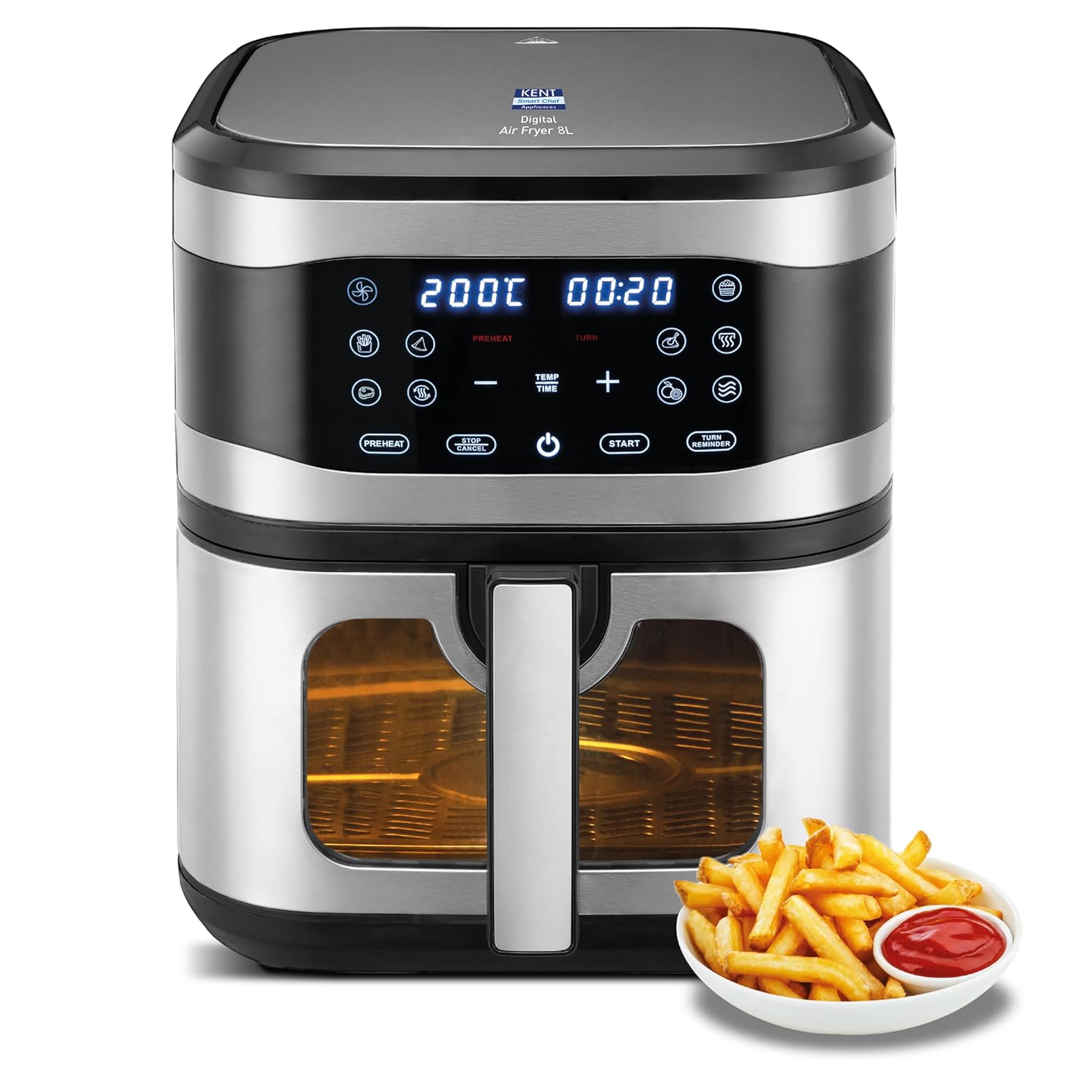 Kent Digital Air Fryer 8l | 1700w | Bake, Grill & Roast | Up to 80% Less Oil Usage | 7 Preset Menu | Digital Display & Touch Control Panel | Glass Window with in Built Light | Auto Cut-off Silver - Digital Shop Now Kent Digital Air Fryer 8l | 1700w | Bake, Grill & Roast | Up to 80% Less Oil Usage | 7 Preset Menu | Digital Display & Touch Control Panel | Glass Window with in Built Light | Auto Cut-off Silver