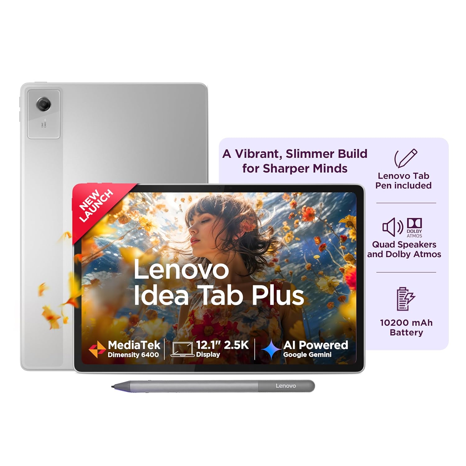 Lenovo Idea Tab Plus with Pen | Wifi |12.1" 2.5k Display, 800nits Peak Brightness |12gb Ram + 256gb Rom (expandable Upto 2tb)| Mediatek Dimensity 6400| 10200mah|4 Speakers with Dolby Atmos| Cloud Grey
