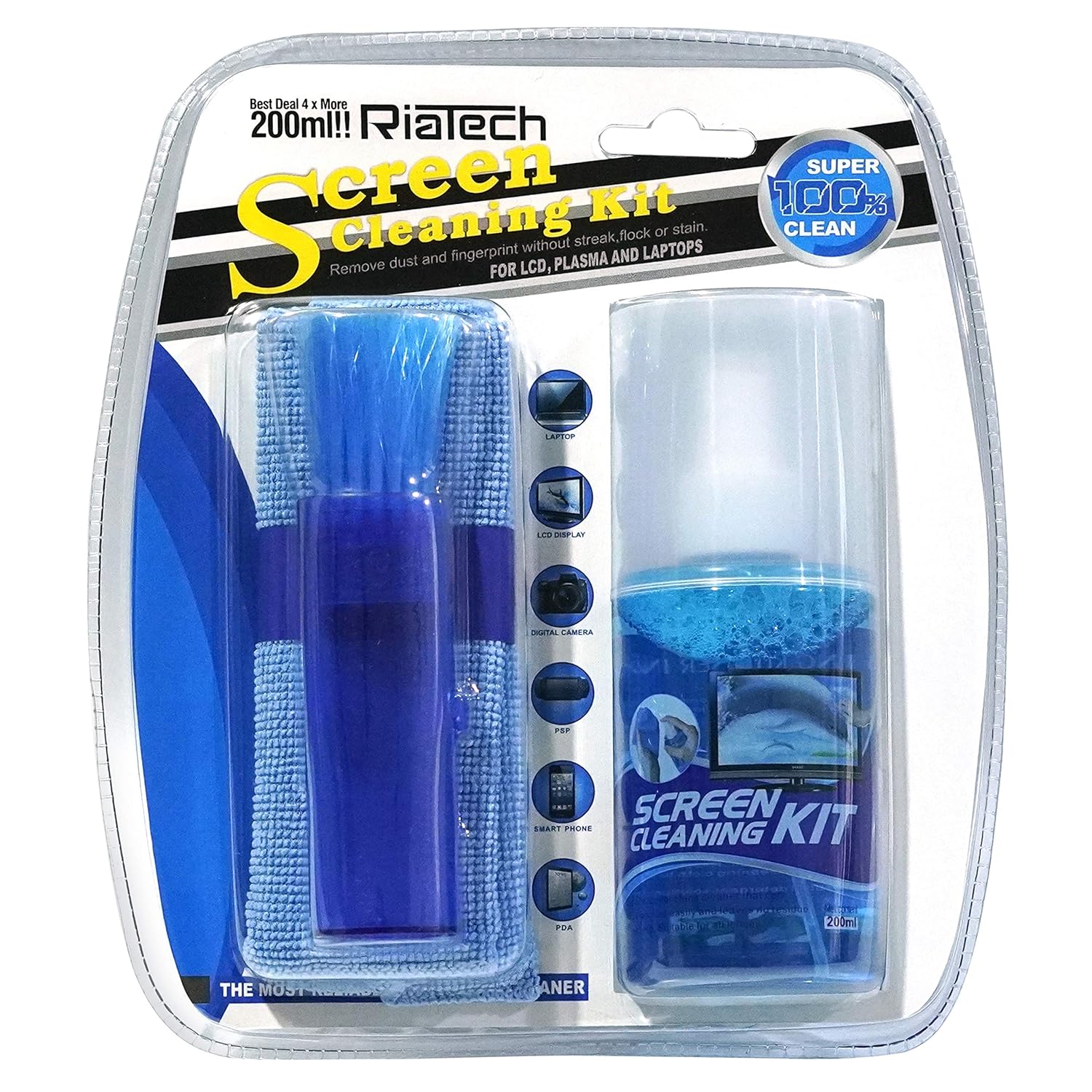 Riatech Professional 3 in 1 Screen Cleaning Kit with Microfiber Cloth & Brush for Electronic Screen -200ml