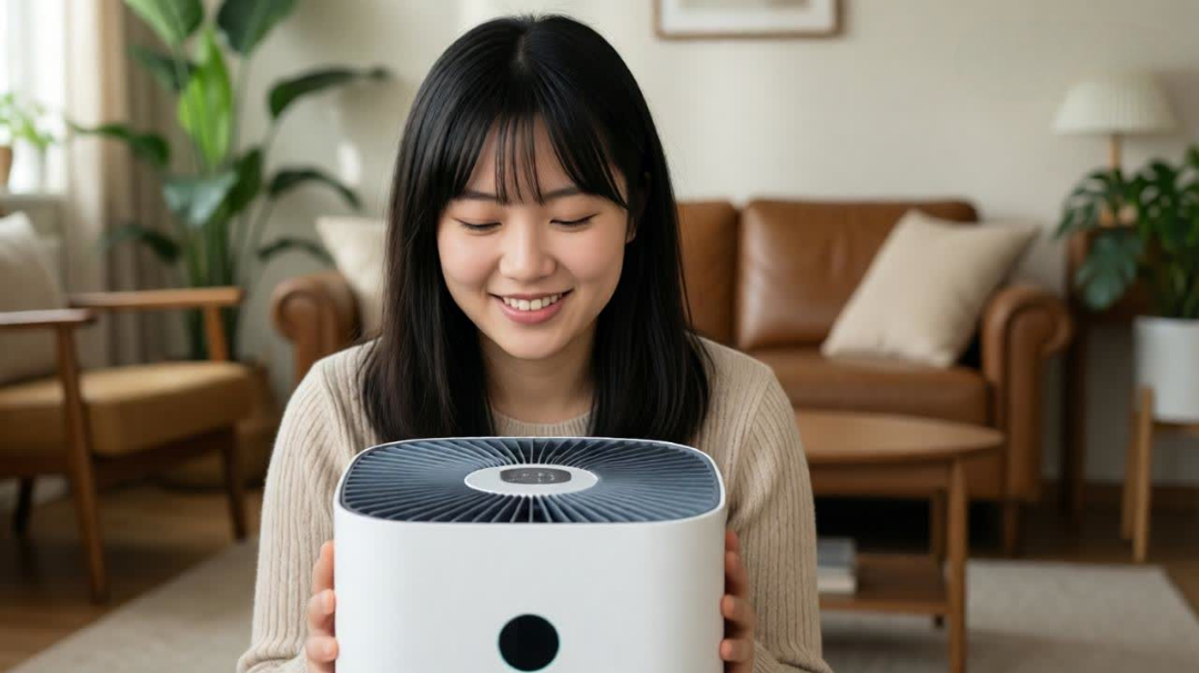 Medical-grade Hepa Air Purifier Capturing Microscopic Pollen and Pet Dander Particles to Prevent Allergy Flare-ups in a Modern Living Room.