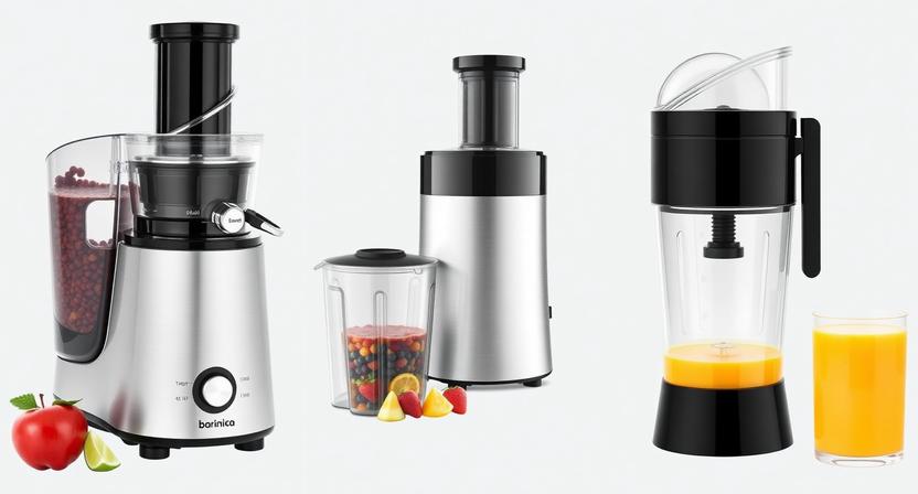 1000w Juicer Mixer Grinder with 4 Stainless Steel Jars and Transparent Fruit Extractor on White Background.