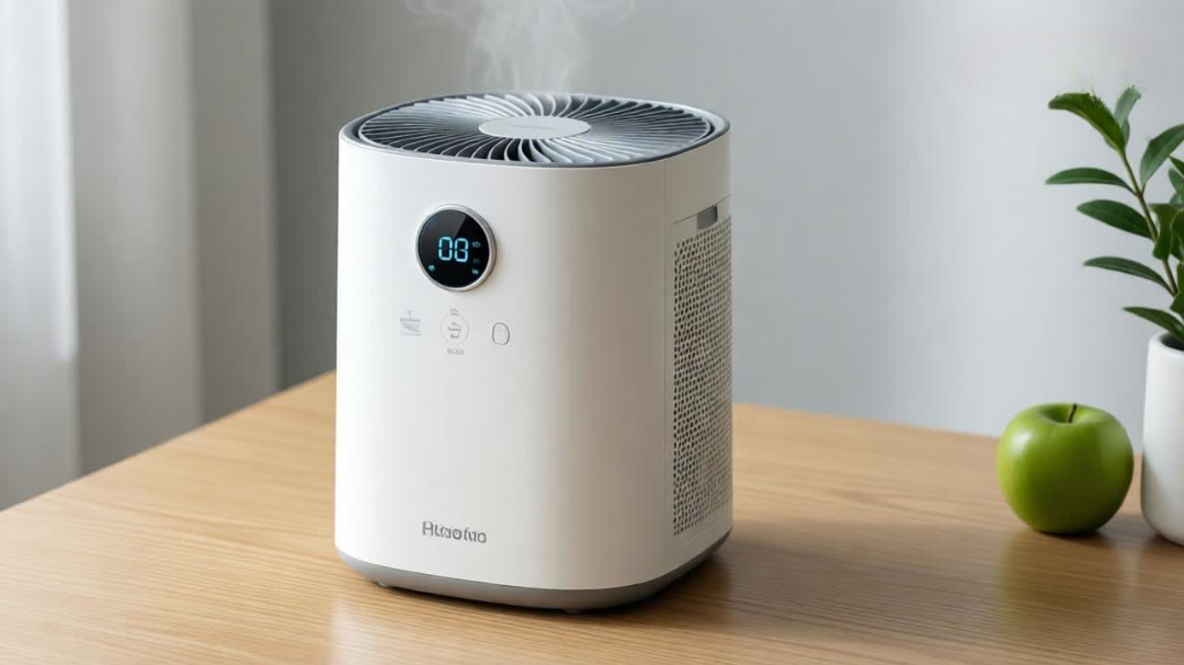 Whisper-quiet Hepa Air Purifier | Silent Bedroom Air Cleaner - Digital Shop Now Ultra-quiet White Air Purifier with Hepa Filter on a Wooden Nightstand, Showcasing Silent Operation for Sleep.