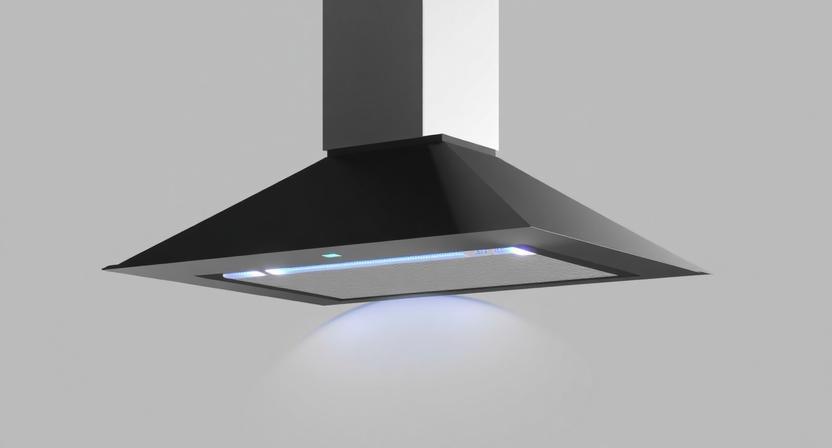 Sleek Black Heat Auto-clean Electric Chimney with Touch Control Panel and Motion Sensor for Modern Kitchen.