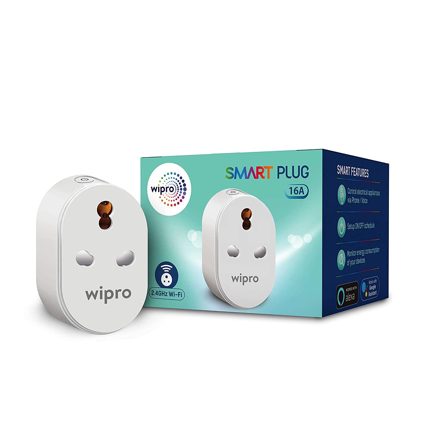 Wipro 16a Wi-fi Smart Plug with Energy Monitoring- Suitable for Large Appliances Like Geysers, Microwave Ovens, Air Conditioners (works with Alexa and Google Assistant)- White