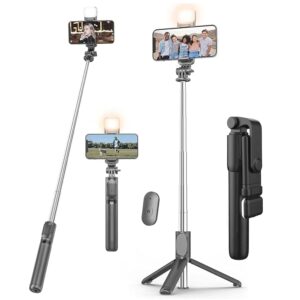 Kratos Selfie Stick Tripod Stand, 3 in 1 Multifunctional Design, Rechargable Led Light with Two Brighness Levels for Make Up, Selfie & Photo Shoot, Selfie Stick with Bluetooth Remote (70cm with Light)
